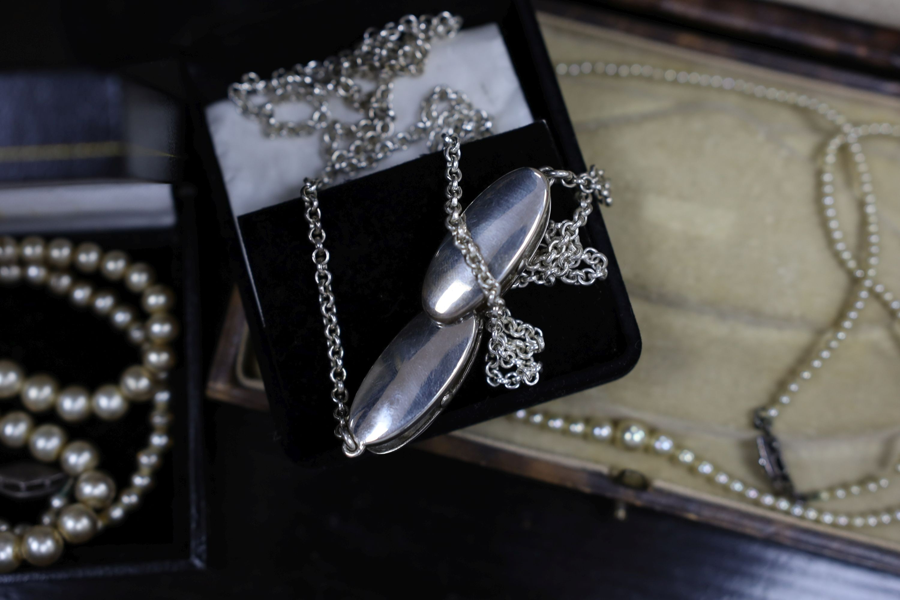 Assorted jewellery including costume, a silver brooch, an engraved yellow metal heart shaped locket, micro mosaic brooch etc. housed in an inlaid box.